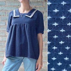 Vintage Babydoll Top Sashiko Blue 70s Embroider Lace Collar Lolita Empire Smock